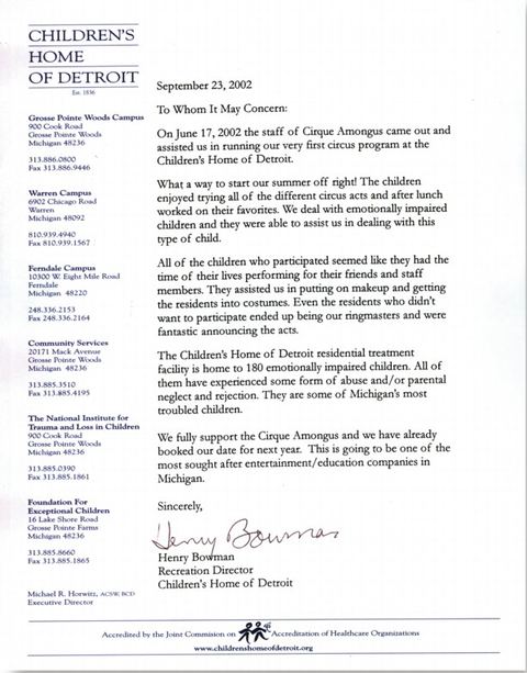 Letter of recommendation &mdash; Children's Home of Detroit, After School Circus, 2002