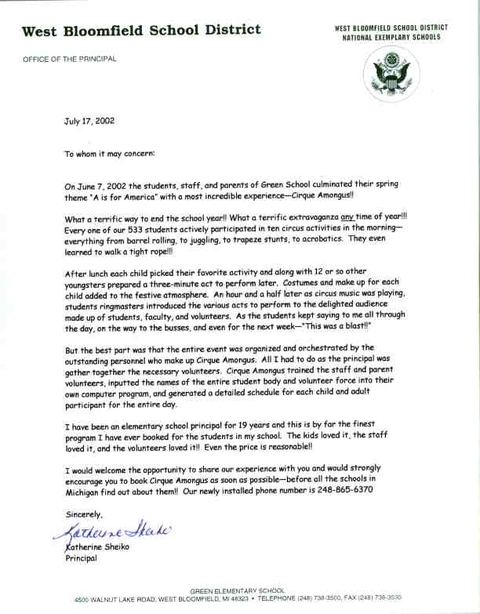 Letter of recommendation &mdash; Green Elementary, Circus Day, 2002