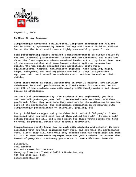 Letter of recommendation &mdash; Midland Center for the Arts, Residency, 2006