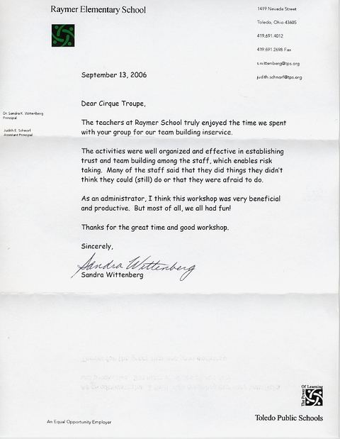 Letter of recommendation &mdash; Raymer Elementary, Team Building Workshop, 2006