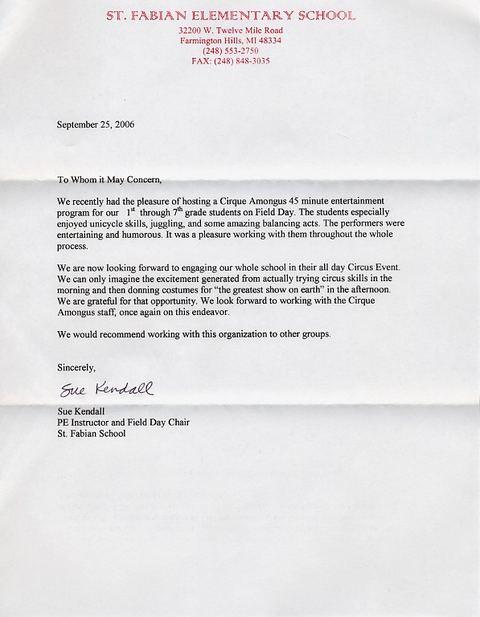 Letter of recommendation &mdash; St. Fabian Elementary, Show, 2006