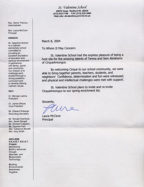 Letter of recommendation &mdash; St. Valentine's, Circus Day, 2004