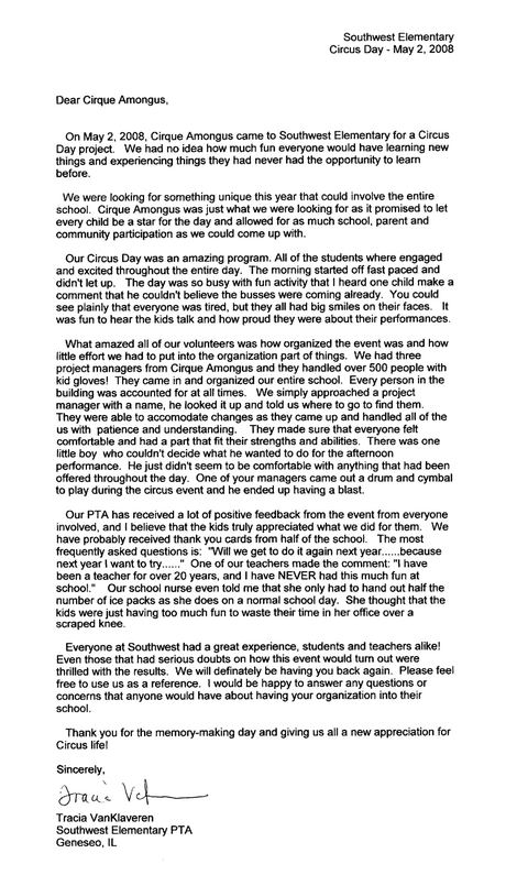 Letter of recommendation &mdash; SouthWest Elementary, Circus Day, 2008
