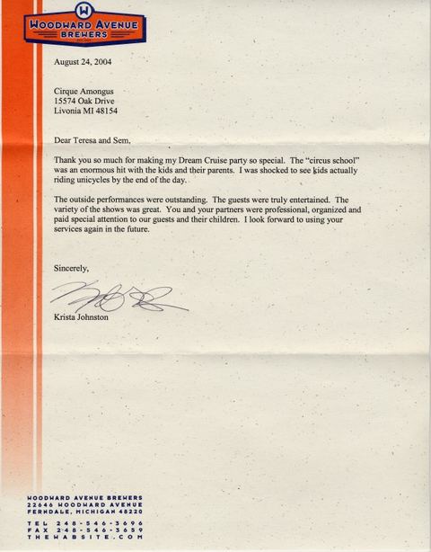 Letter of recommendation &mdash; Woodward Avenue Brewers, Workshop + Show, 2004